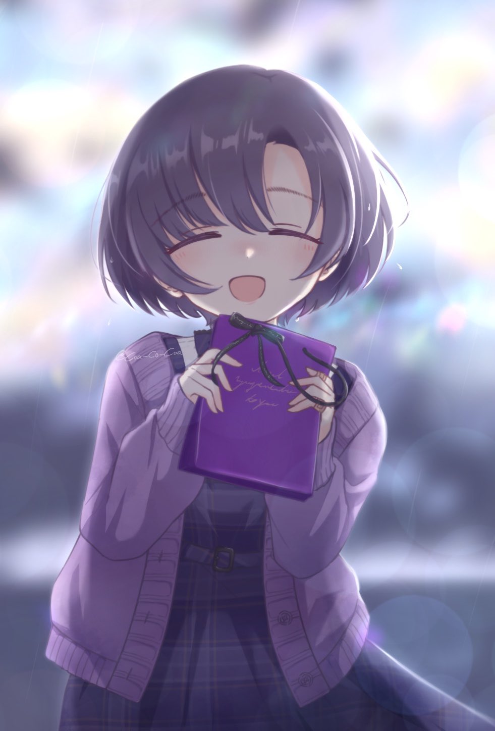 1girl, :d, bag, black_dress, black_hair, blurry, blurry_background, blush