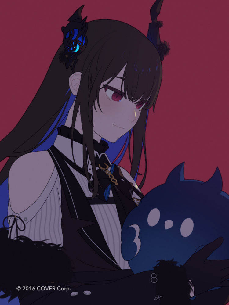 1girl, asymmetrical_horns, black_bow, black_bowtie, black_hair, black_jacket, blue_hair, bow