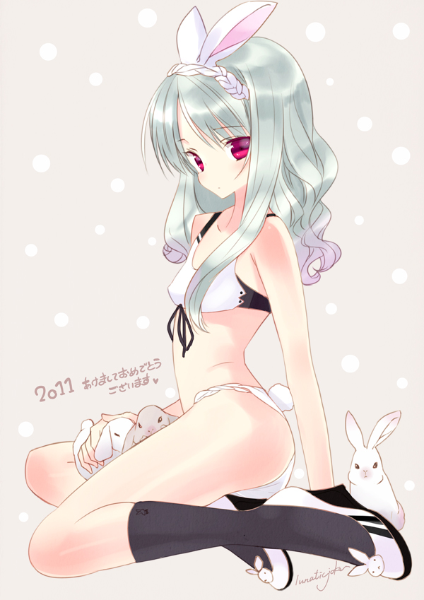akeome, animal_ears, bad_id, bare_shoulders, bikini, black_legwear, bunny, bunny_ears