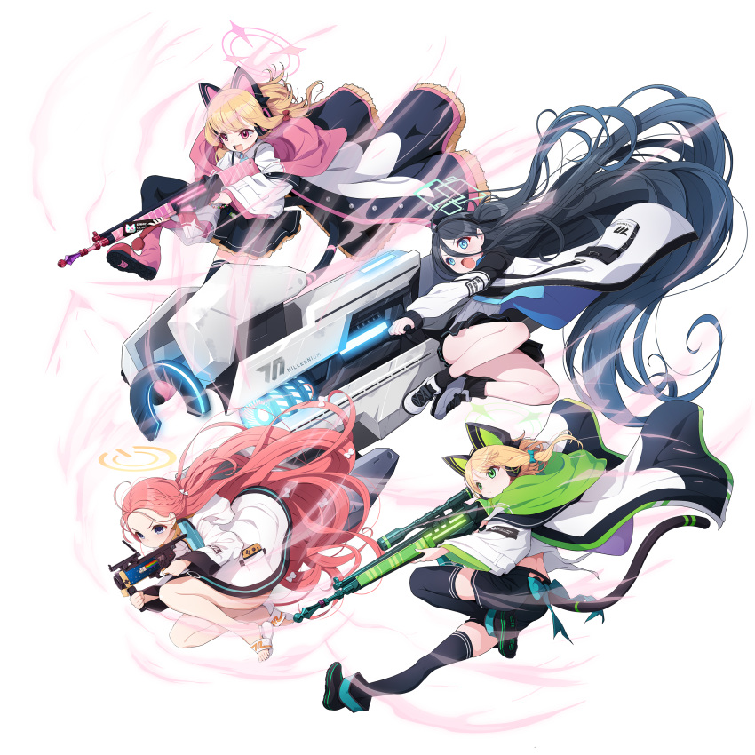 4girls, :d, absurdly_long_hair, absurdres, animal_ear_headphones, animal_ears, aris_(blue_archive), battle_rifle