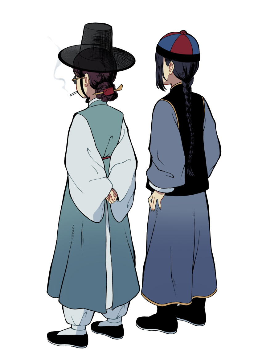 2girls, black_hair, black_hat, braid, chinese_clothes, cigarette, facing_away, fingernails
