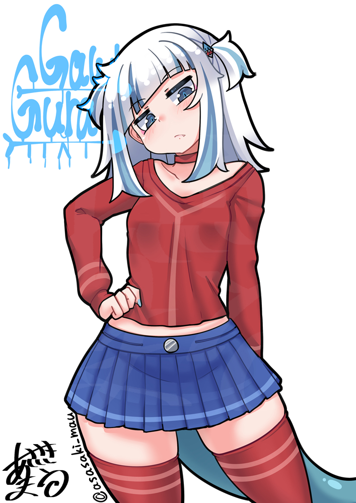 1girl, alternate_costume, asasaki_mau, blue_eyes, blue_hair, blue_nails, blue_skirt, character_name, choker, closed_mouth, cosplay, fang, fins, fish_tail, gawr_gura, hair_ornament, hololive, hololive_english, looking_at_viewer, medium_hair, miside, mita_(miside), mita_(miside)_(cosplay), nail_polish, red_choker, red_shirt, red_thighhighs, shark_girl, shark_hair_ornament, shark_tail, shirt, skirt, solo, tail, thigh-highs, two_side_up, virtual_youtuber, white_background, white_hair