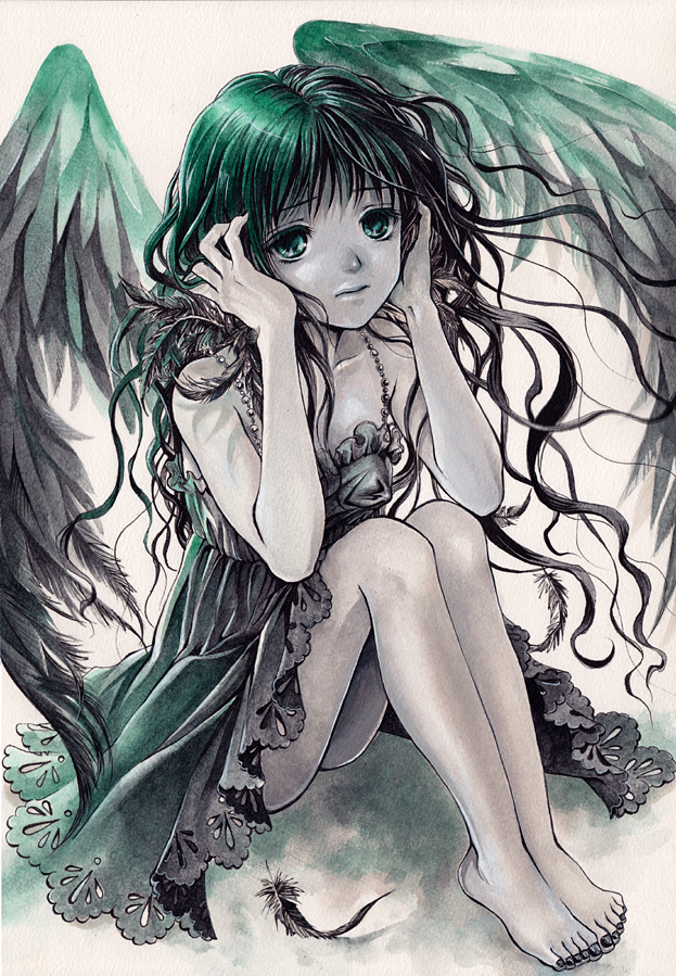 1girl, angel_wings, barefoot, black_dress, black_wings, dress, feathers, feet