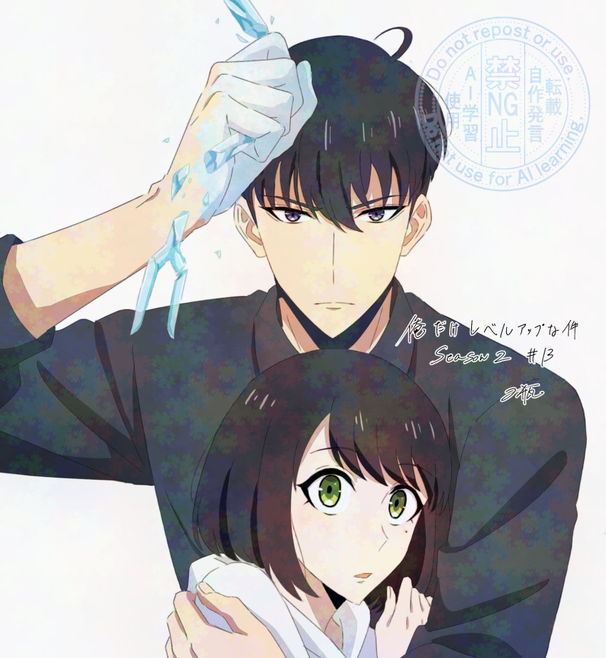 1boy, 1girl, black_eyes, black_hair, black_shirt, character_request, closed_mouth, green_eyes, highres, holding, hood, hoodie, long_sleeves, nukegaranoyouda, open_mouth, shirt, short_hair, solo_leveling, sung_jin-woo, v-shaped_eyebrows, white_hoodie