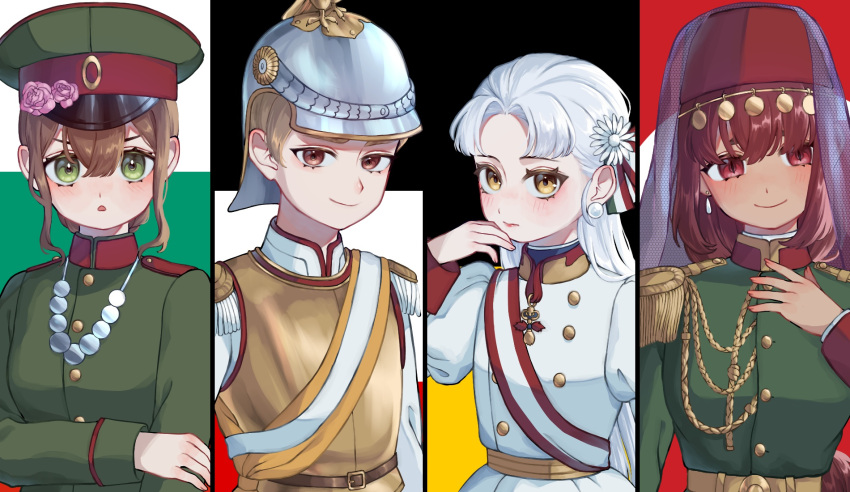 4girls, armor, blonde_hair, brown_hair, bulgaria, bulgarian_flag, empire_of_austria, empire_of_austria_(kuroussa)