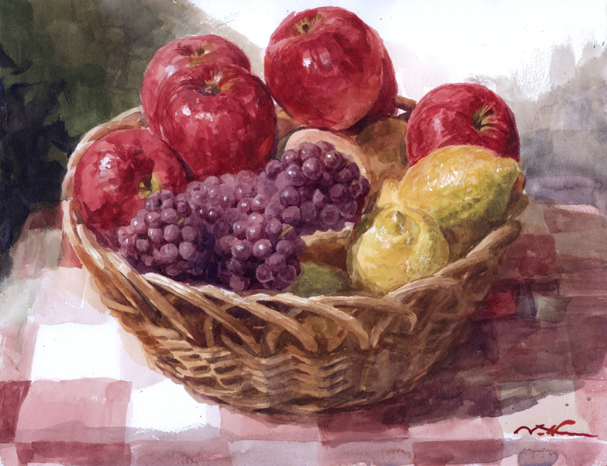 apple, basket, checkered_tablecloth, commentary_request, food, fruit, fruit_basket, fruit_focus