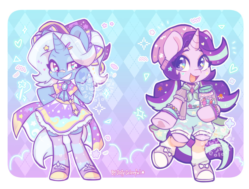 2girls, :d, absurdres, animal_ears, beanie, blue_background, blue_gemstone, blue_hair