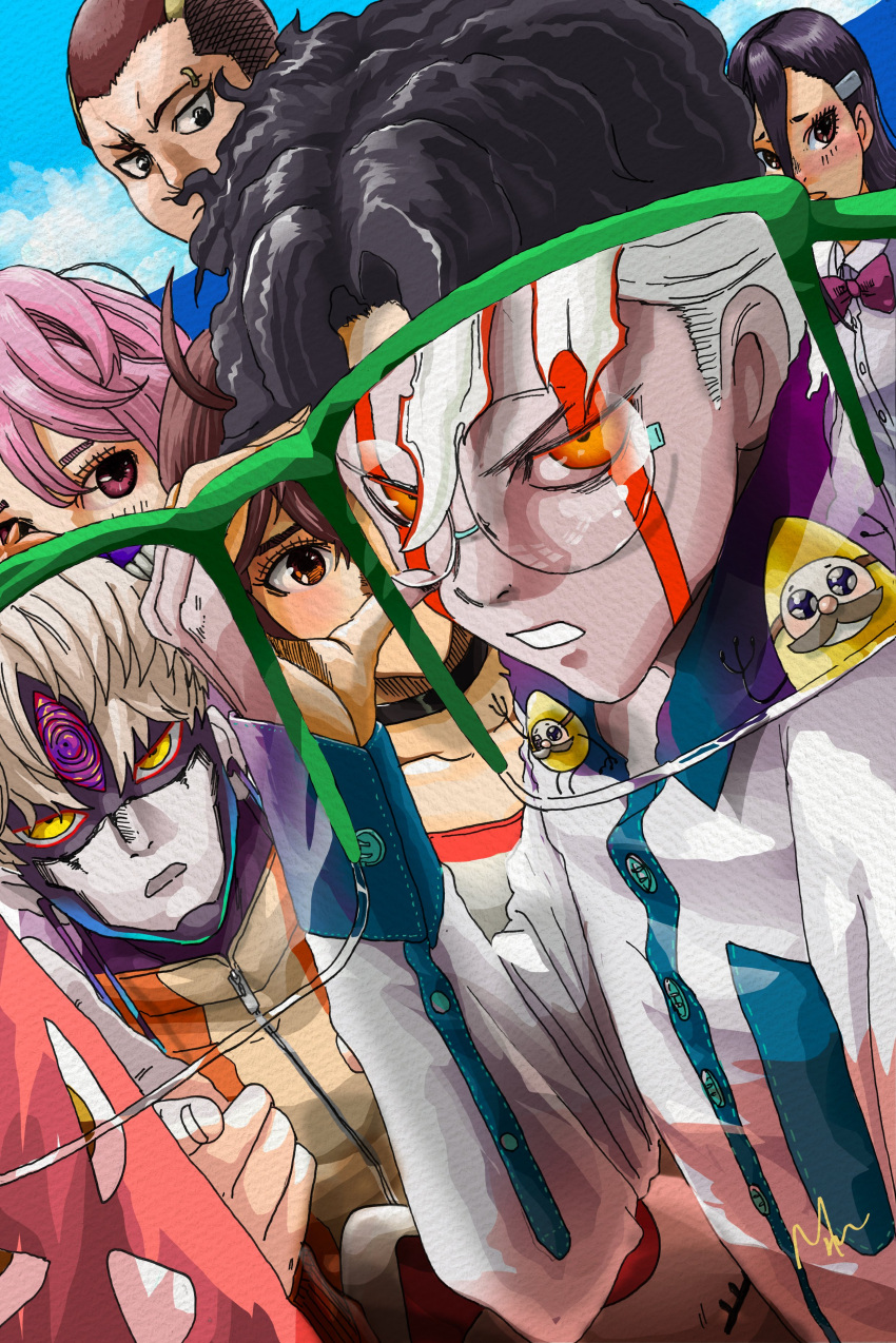 3boys, 3girls, absurdres, alternate_form, ayase_momo, black_hair, brown_eyes, brown_hair