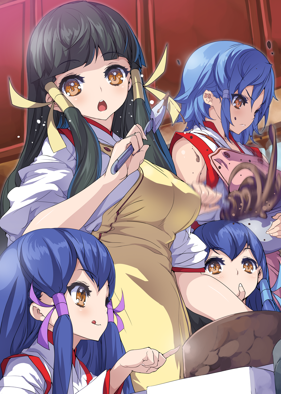 4girls, :o, akaga_hirotaka, apron, arcana_heart, arcana_heart_3, baking, blue_hair