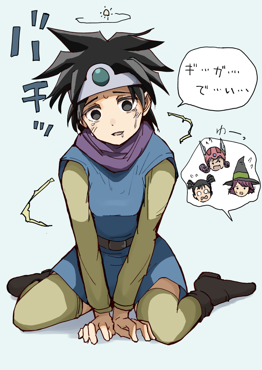 1girl, 4girls, absurdres, belt, between_legs, black_eyes, black_hair, black_hat