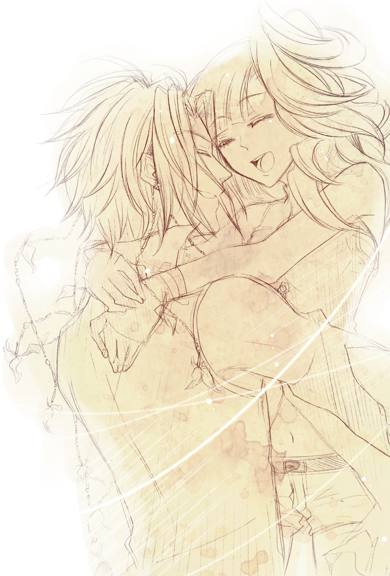 1girl, cicoria_cor_wetvie, closed_eyes, couple, elemental_gelade, endivy_dillypan, erementar_gerad, eyes_closed, grayarts, hug, long_hair, mikura0319, monochrome, open_mouth, short_hair, smile, vargret