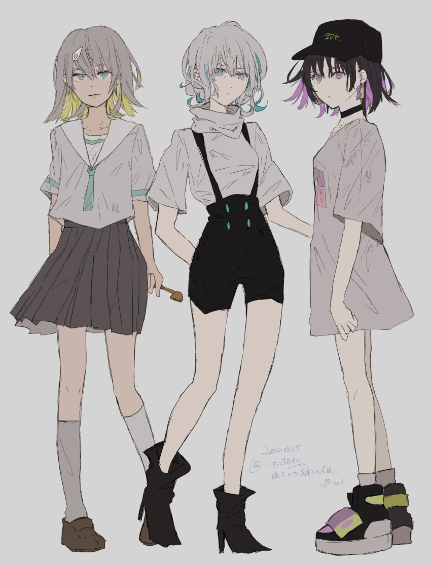 1other, 2girls, absurdres, ankle_boots, anulioa, aqua_eyes, aqua_necktie, aqua_trim