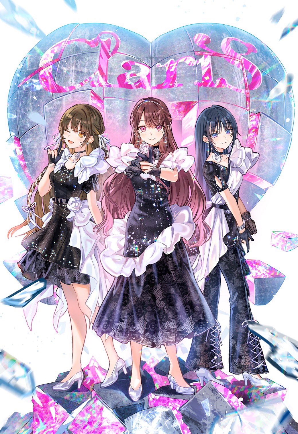 3girls, black_dress, black_gloves, black_hair, black_pants, brown_hair, character_name, character_request