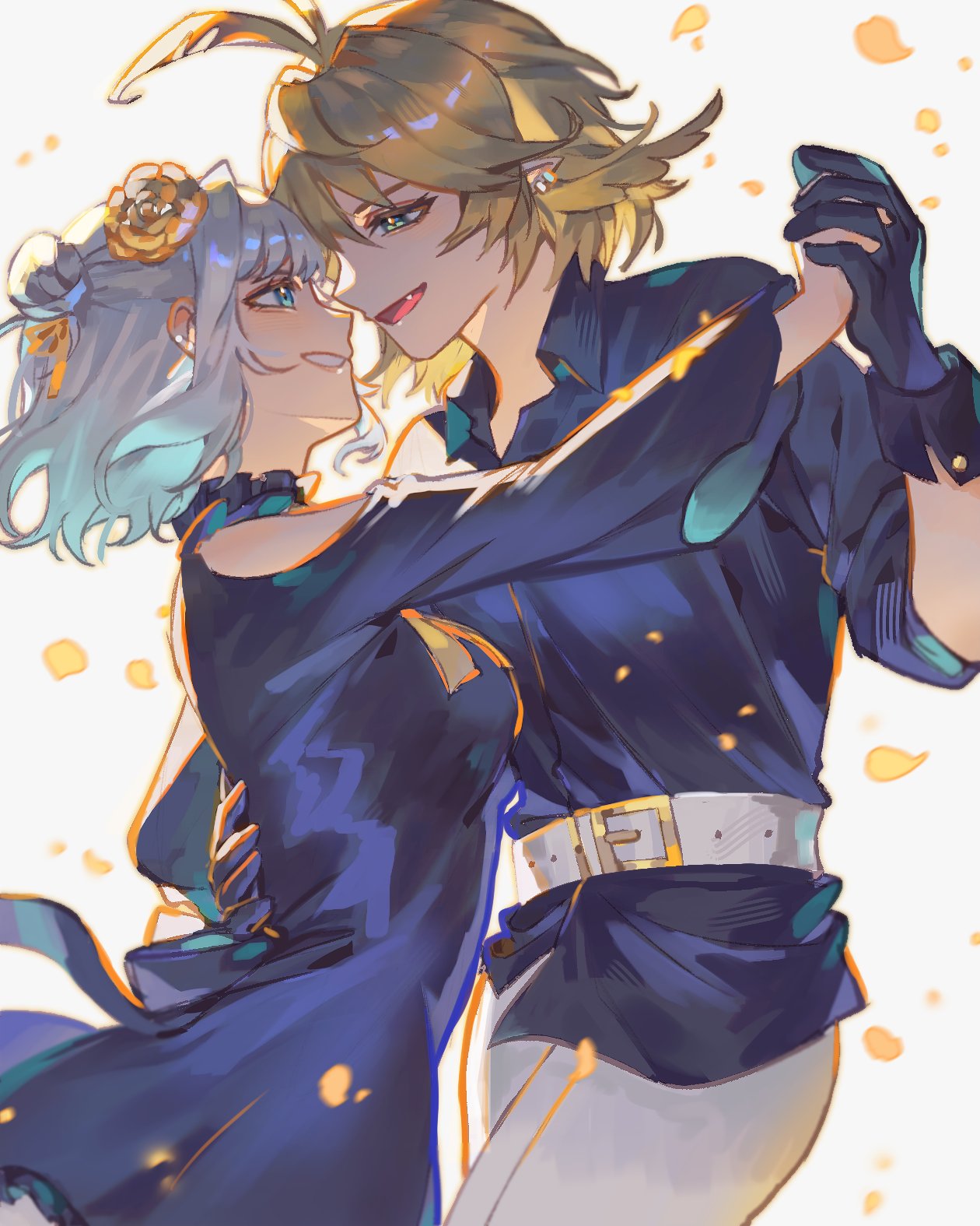 2girls, :d, antenna_hair, aqua_hair, backlighting, belt, black_gloves, blonde_hair