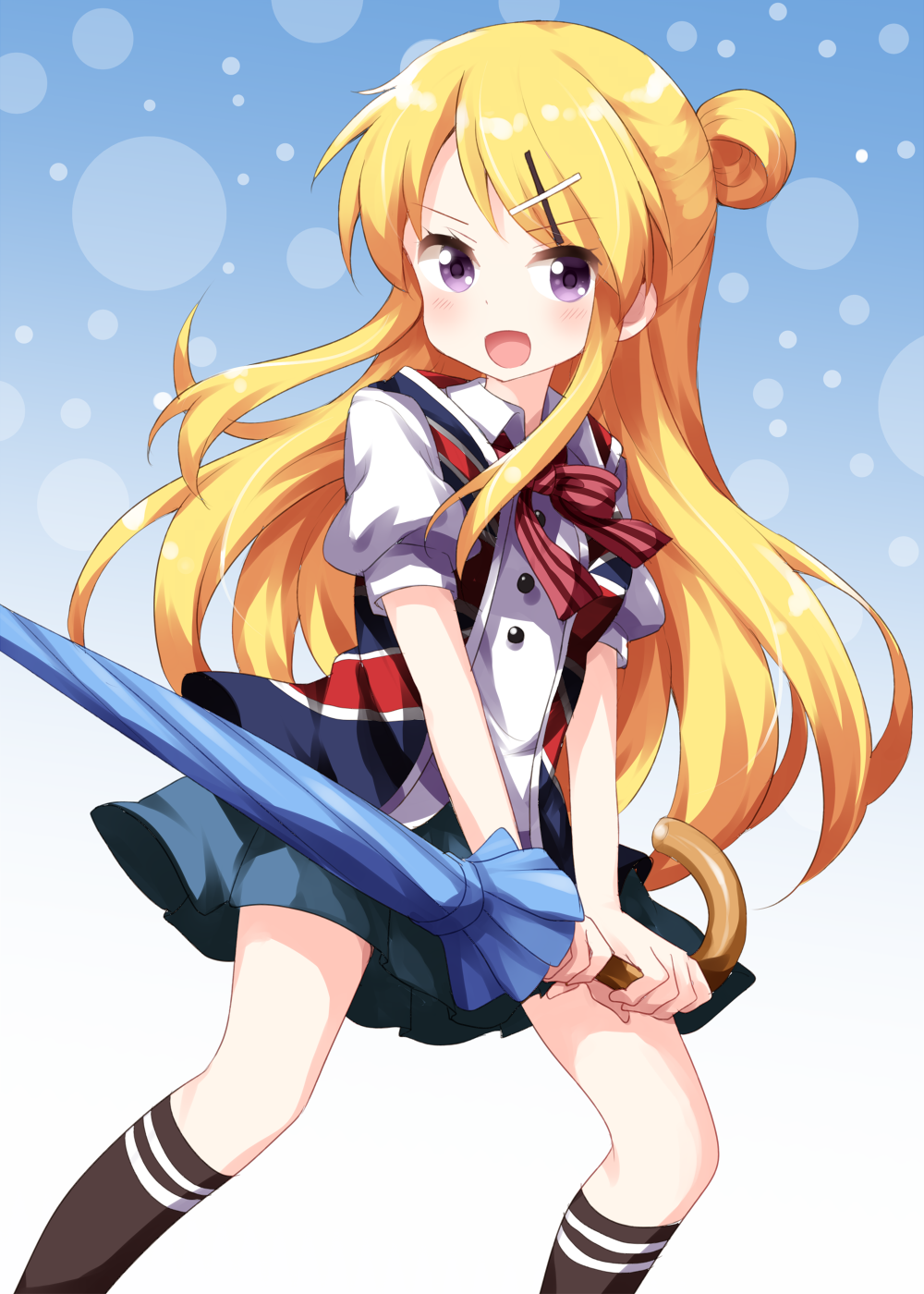 1girl, :d, blonde_hair, blue_background, blue_skirt, blue_umbrella, blush, bow