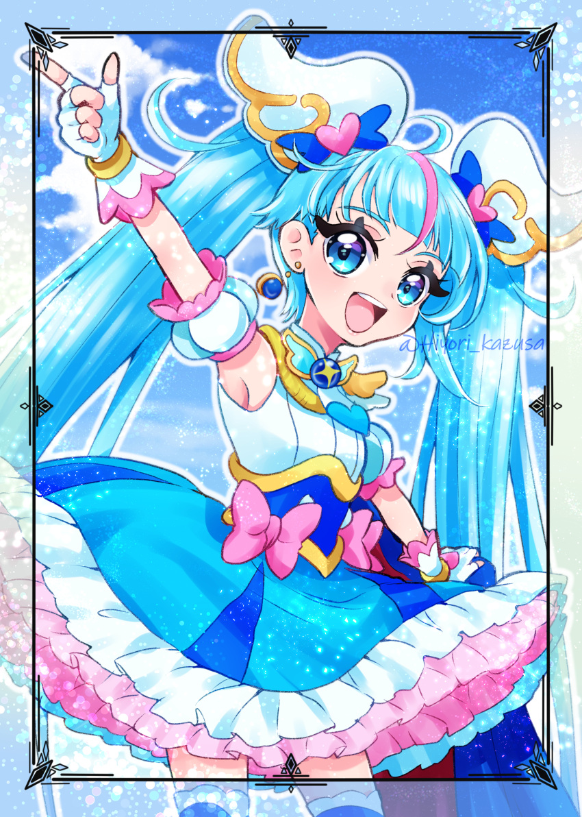 1girl, absurdres, blue_cape, blue_dress, blue_eyes, blue_hair, blue_sky, boots