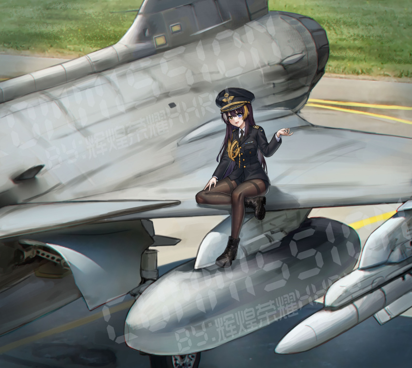 1girl, absurdres, aiguillette, aircraft, airplane, alina_svard_kovalenko_(laotianaviator), black_footwear, black_hair