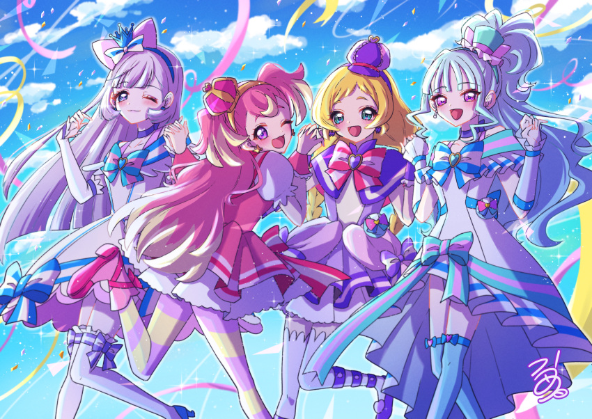 4girls, blonde_hair, blue_eyes, bow, bow_legwear, braid, clouds, commentary, confetti, cure_friendy, cure_lillian, cure_nyammy, cure_wonderful, earrings, grey_hair, hairband, hat, highres, inukai_iroha, inukai_komugi, jewelry, koume_paint, mini_hat, mini_top_hat, multiple_girls, nekoyashiki_mayu, nekoyashiki_yuki, one_eye_closed, open_mouth, pink_eyes, pink_hair, precure, smile, striped_bow, temporal_hairline, top_hat, violet_eyes, wonderful_precure!