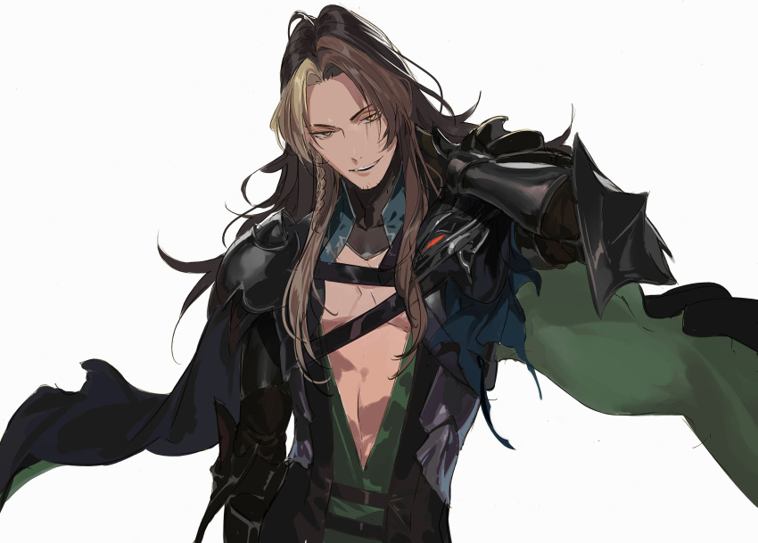 1boy, arm_at_side, armor, beard_stubble, black_cape, braid, brown_hair, cape