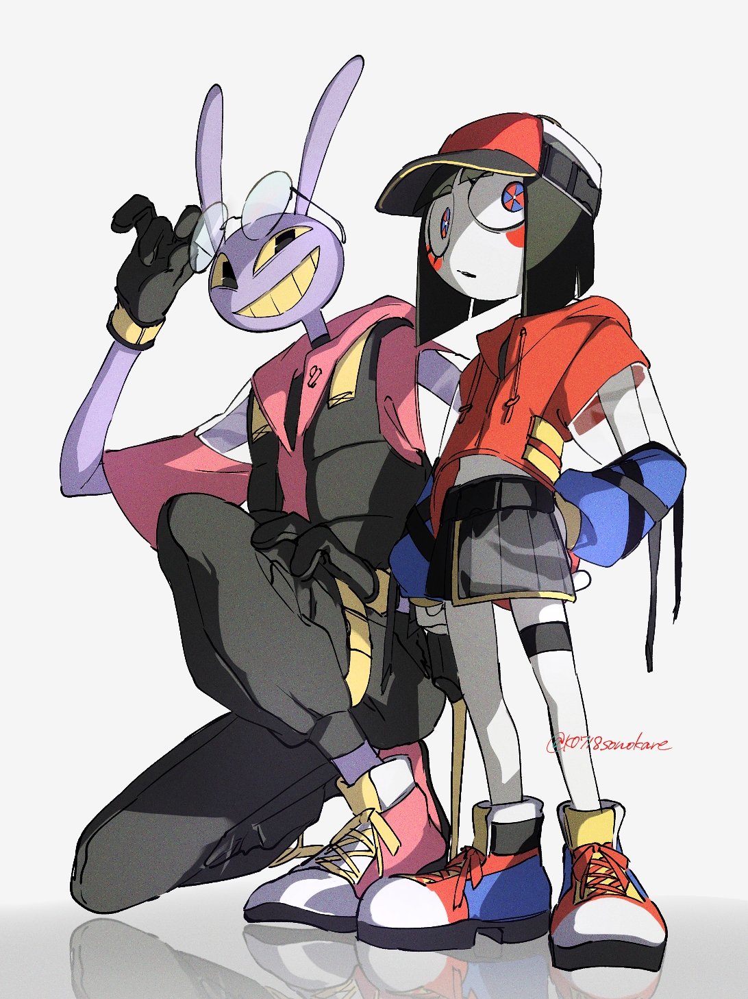 1boy, 1girl, adapted_costume, adjusting_eyewear, baseball_cap, black_eyes, black_gloves, black_jacket