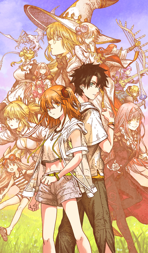 4boys, 6+girls, :o, aesc_(fate), aesc_(rain_witch)_(fate), ahoge, apron, arm_at_side