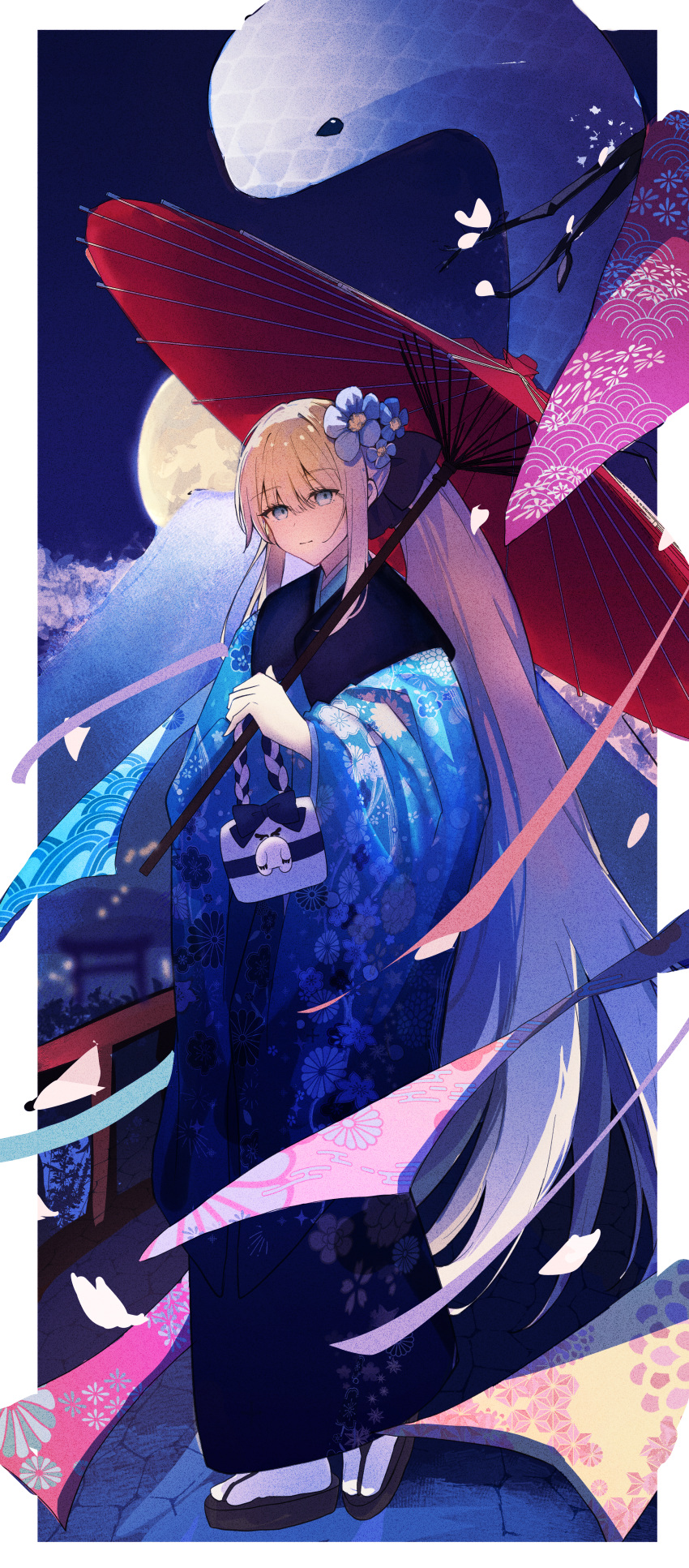 1girl, absurdres, alternate_costume, black_ribbon, blackcattea829, blue_eyes, blue_flower, blue_kimono