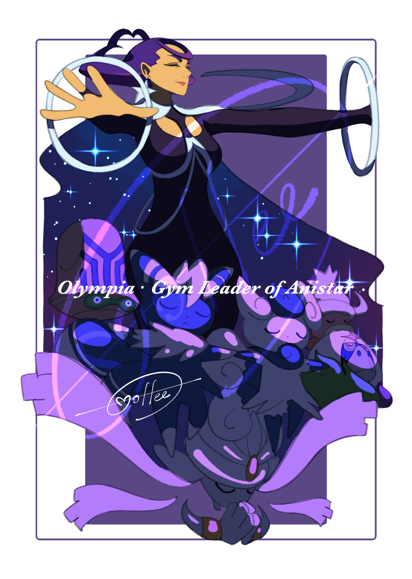 1girl, absurdres, beheeyem, border, breasts, cccacademia, character_name, closed_eyes