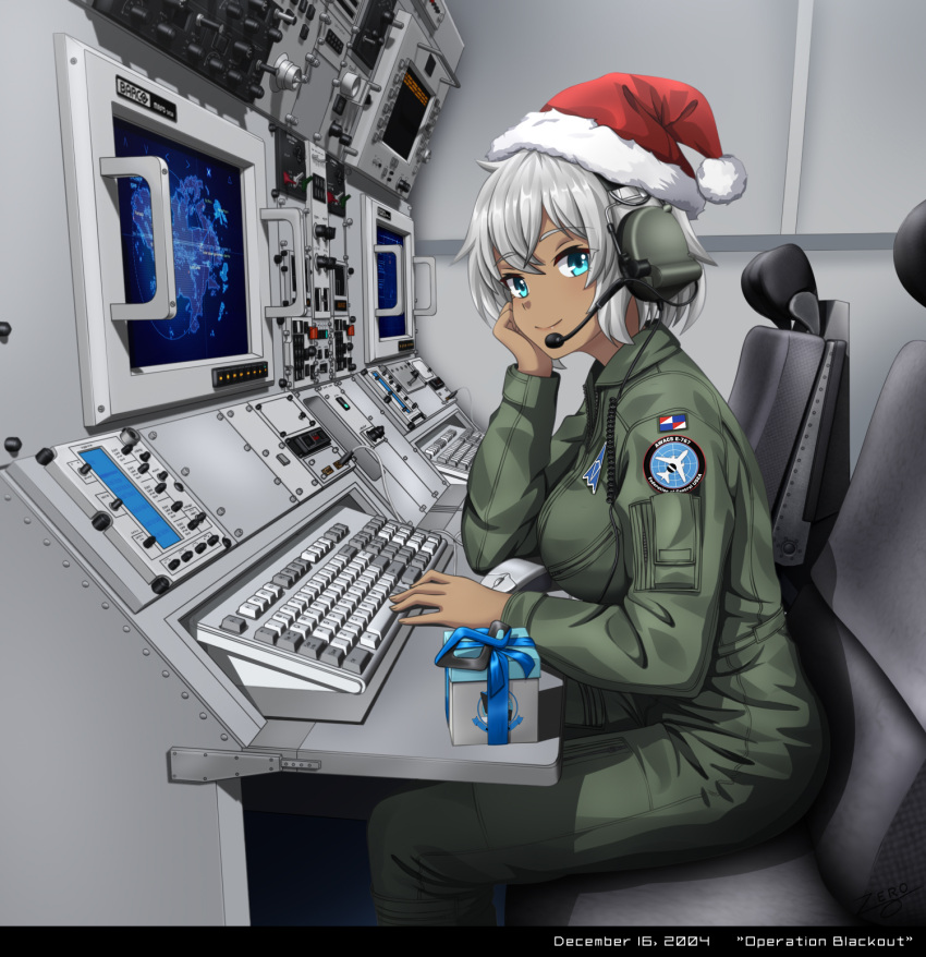 1girl, ace_combat, ace_combat_04, airplane_interior, awacs, blue_eyes, blue_ribbon, bodysuit