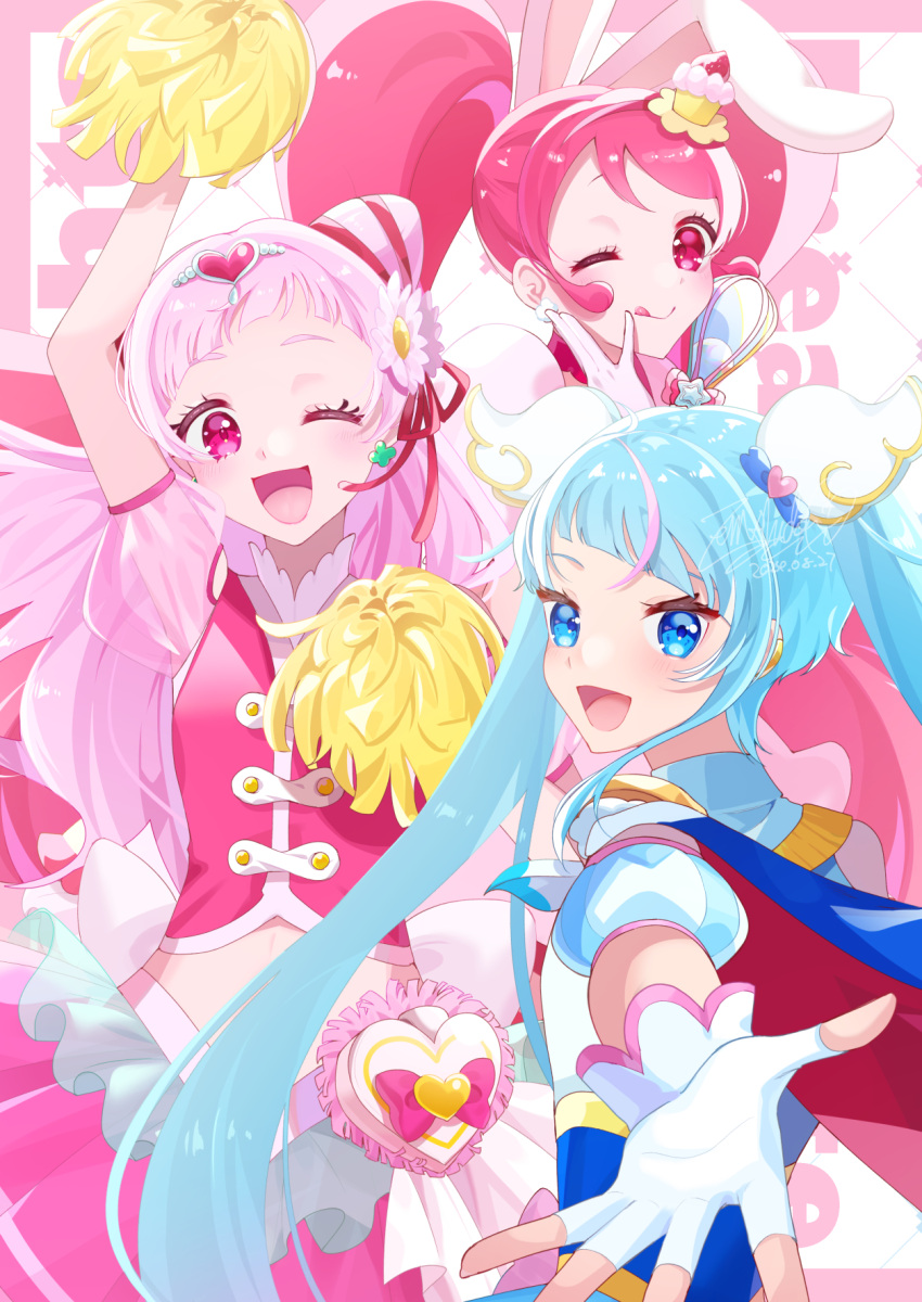 3girls, ;d, ;q, animal_ears, arm_up, artist_name, back_bow, blue_cape, blue_dress, blue_eyes, blue_hair, bow, cape, clothing_cutout, commentary, cone_hair_bun, cupcake, cure_sky, cure_whip, cure_yell, cut_bangs, dated, detached_sleeves, double_bun, dress, earclip, enishidayuu, facing_viewer, fingerless_gloves, flower, food, food-themed_hair_ornament, gloves, gradient_hair, hair_bun, hair_flower, hair_ornament, hand_on_own_face, heart, heart_hair_ornament, highres, hirogaru_sky!_precure, holding, holding_pom_poms, holding_whisk, hugtto!_precure, in-franchise_crossover, kirakira_precure_a_la_mode, licking_lips, long_hair, looking_at_viewer, looking_back, magical_girl, multicolored_hair, multiple_girls, nono_hana, one_eye_closed, open_mouth, pink_dress, pink_eyes, pink_hair, pom_pom_(cheerleading), pouch, precure, puffy_detached_sleeves, puffy_short_sleeves, puffy_sleeves, rabbit_ears, reaching, reaching_towards_viewer, red_cape, see-through_clothes, see-through_sleeves, short_dress, short_sleeves, signature, single_sidelock, sleeveless, sleeveless_dress, smile, sora_harewataru, standing, stomach_cutout, streaked_hair, text_background, tongue, tongue_out, trait_connection, twintails, two-sided_cape, two-sided_fabric, two-tone_hair, usami_ichika, very_long_hair, whisk, white_bow, white_gloves, wing_hair_ornament