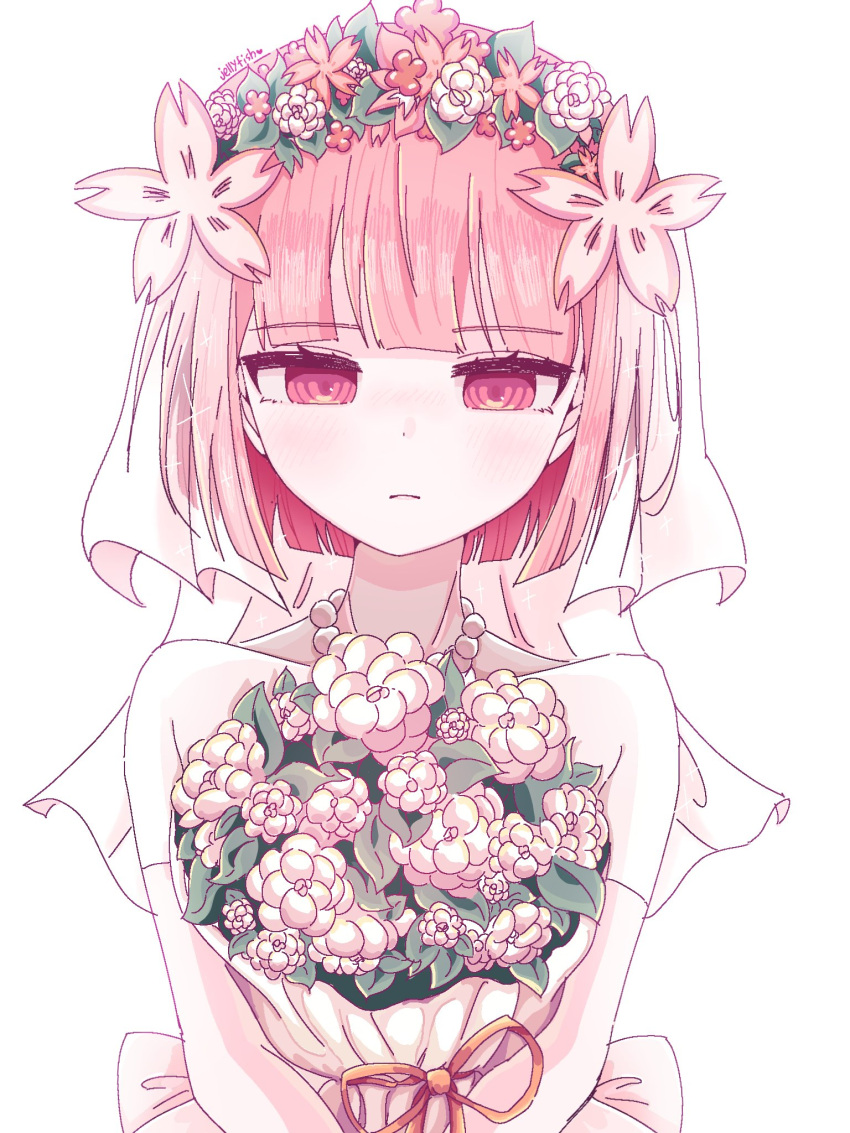 1girl, bouquet, bridal_veil, closed_mouth, elbow_gloves, expressionless, facing_viewer, flower
