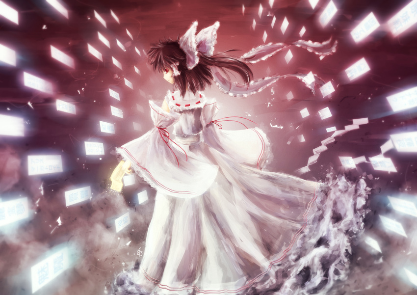 alternate_color, arufa_(hourai-sugar), brown_hair, concealed_the_conclusion, danmaku, glowing, hakurei_reimu, looking_back