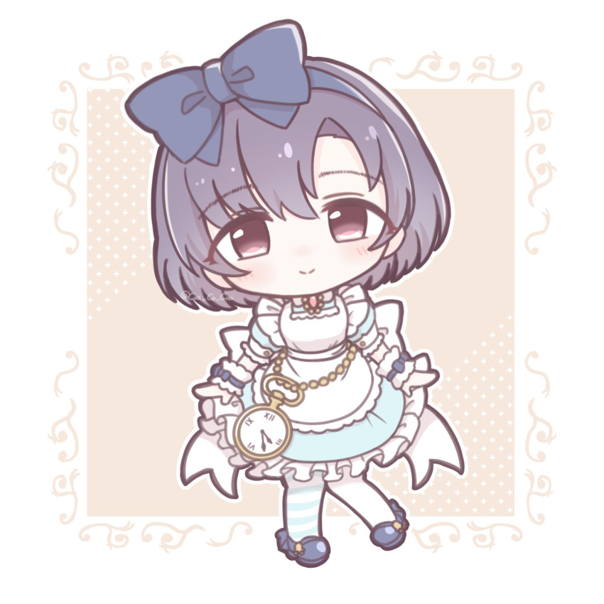 1girl, alice_(alice_in_wonderland), alice_(alice_in_wonderland)_(cosplay), alice_in_wonderland, apron, asymmetrical_pantyhose, black_footwear, blue_bow, blue_bowtie, blue_dress, blue_hairband, bow, bowtie, chain, chibi, chibi_only, clock, closed_mouth, coa_co_coa, cosplay, dress, forehead, frilled_dress, frills, full_body, gold_chain, hairband, highres, idolmaster, idolmaster_cinderella_girls, idolmaster_cinderella_girls_starlight_stage, light_blush, light_smile, looking_at_viewer, mary_janes, pantyhose, parted_bangs, puffy_short_sleeves, puffy_sleeves, shiragiku_hotaru, shoes, short_hair, short_sleeves, sidelocks, solo, standing, straight-on, striped_clothes, striped_pantyhose, violet_eyes, waist_bow, white_apron, white_pantyhose, white_wrist_cuffs, wrist_cuffs