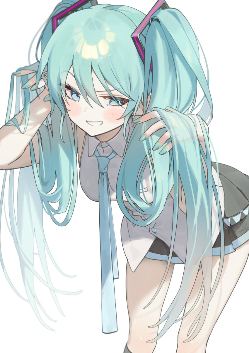 1girl, bent_over, black_skirt, blue_eyes, blue_hair, blue_nails, blue_necktie, blush