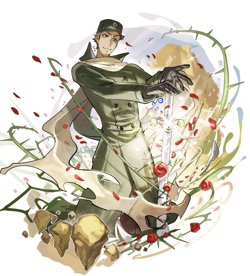 1boy, ahoge, axis_powers_hetalia, black_gloves, brown_hair, buttons, double-breasted, facial_hair