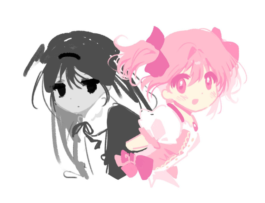 2girls, akemi_homura, akemi_homura_(black_dress), black_dress, black_eyes, black_hair, black_hairband, black_ribbon
