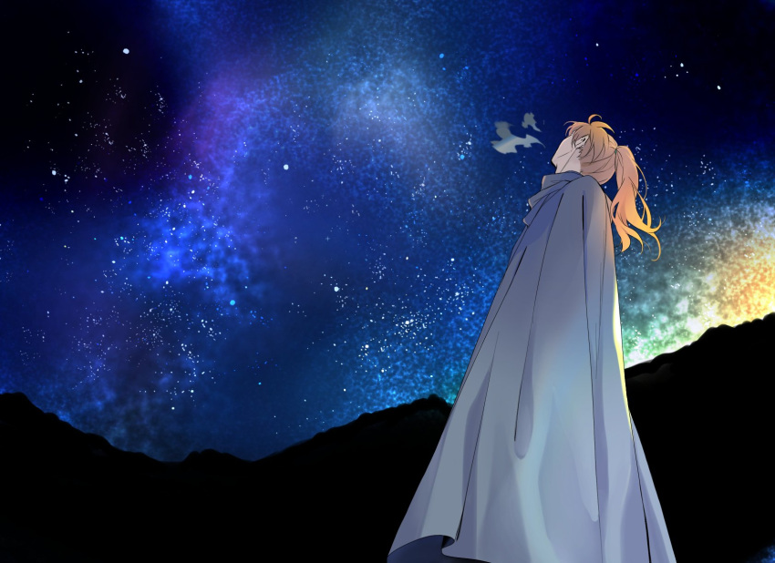 1boy, breath, brown_hair, commentary_request, fate/grand_order, fate_(series), grey_cloak, highres, horizon, long_hair, looking_up, male_focus, messy_hair, milky_way, n_oel, night, night_sky, ponytail, romani_archaman, sky, solo, star_(sky), starry_sky