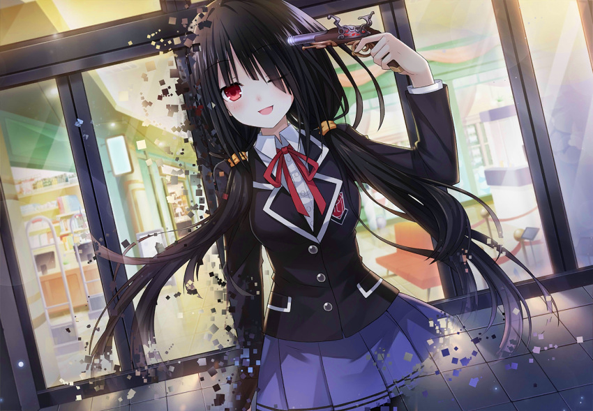 1girl, antique_firearm, black_hair, black_jacket, breasts, collared_shirt, date_a_live, date_a_live:_spirit_pledge