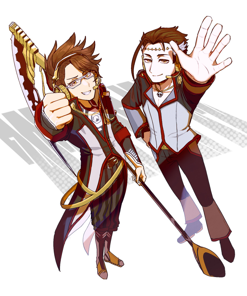 2boys, big_al, big_al_(e-capsule), brown_eyes, brown_hair, clenched_hand, commentary_request, dual_persona, full_body, grin, hand_on_own_hip, headset, highres, holding, holding_scythe, jewelry, looking_at_viewer, male_focus, multiple_boys, necklace, pants, perspective, reaching, reaching_towards_viewer, scythe, short_hair, simple_background, skull_necklace, smile, spiky_hair, stitched_face, stitches, striped_clothes, striped_pants, vertical-striped_clothes, vertical-striped_pants, vocaloid, white_background, zokukotsu_ramen