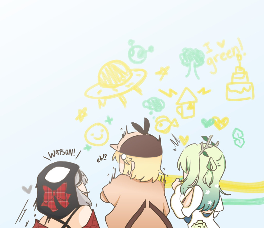 3girls, animal_hood, blonde_hair, capelet, ceres_fauna, deerstalker, english_text, flower