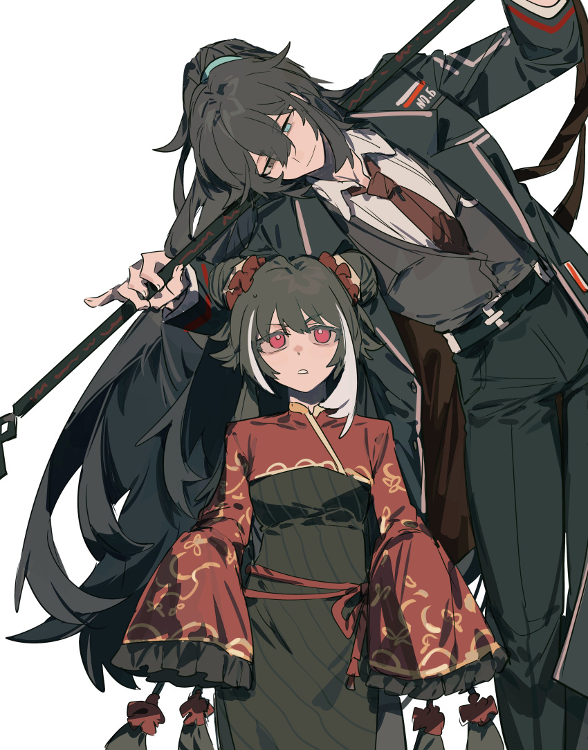 1boy, 1girl, absurdres, belt, black_coat, black_dress, black_eyes, black_hair