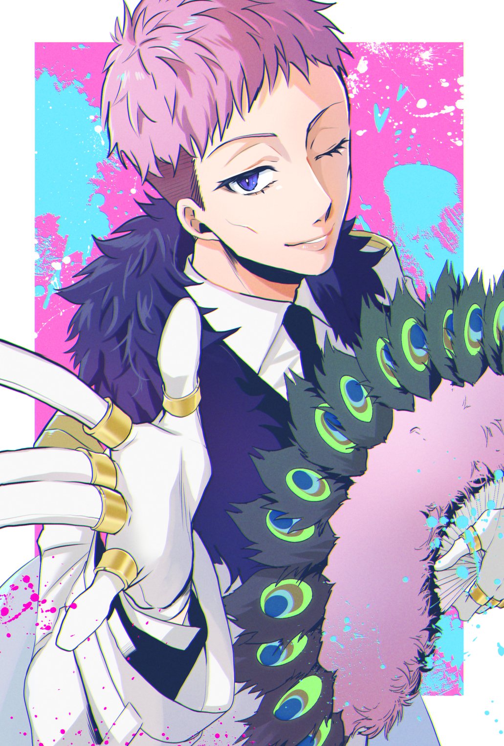 1boy, ;), black_jacket, black_necktie, blue_eyes, border, cheekbones, coat
