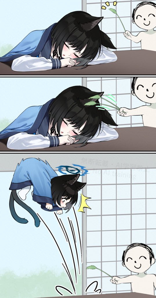 1girl, 2others, animal_ears, black_choker, black_hair, blue_archive, blue_haori, blue_sailor_collar