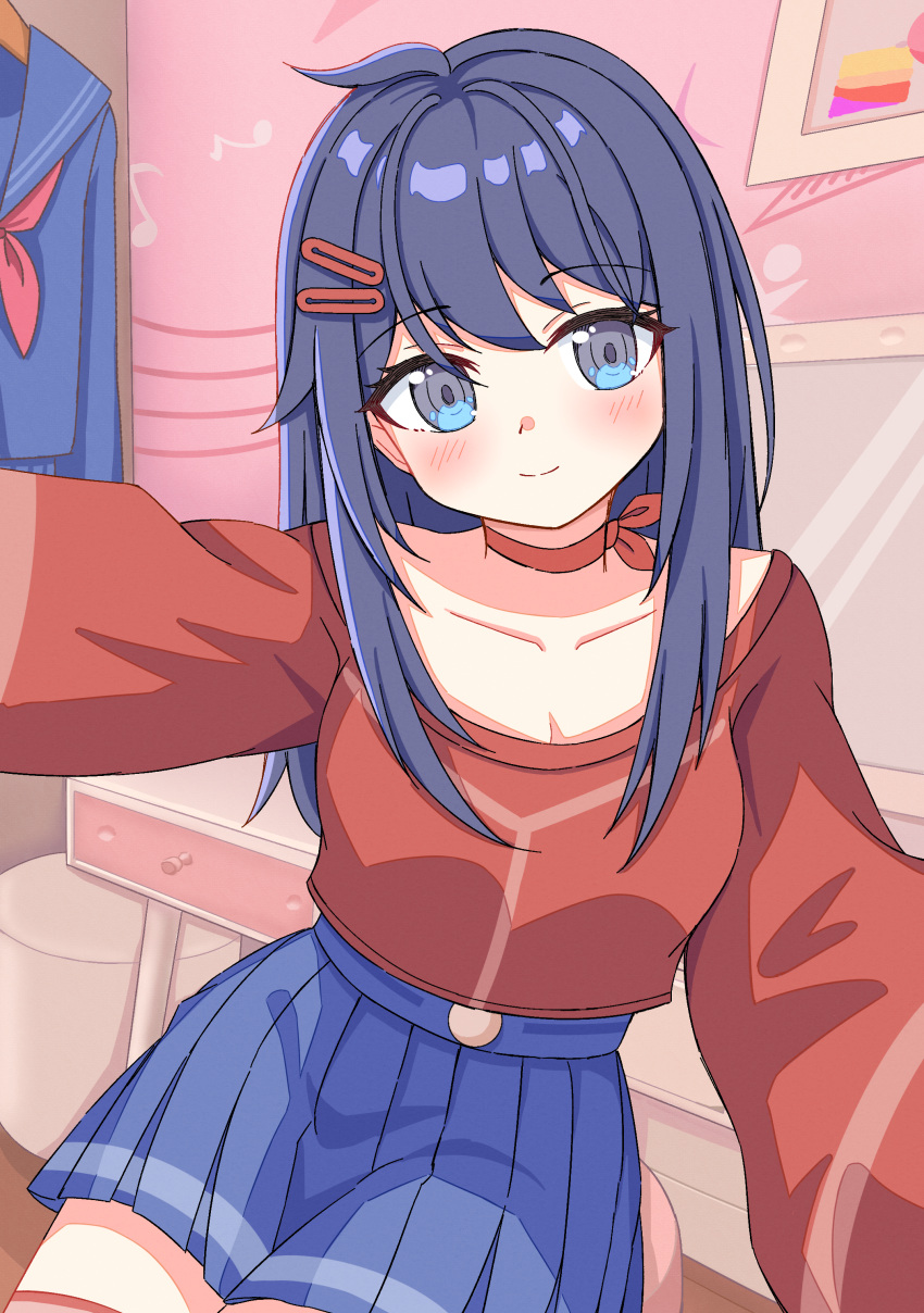 1girl, absurdres, blue_eyes, blue_skirt, blush, choker, closed_mouth, commentary, cowboy_shot, hair_ornament, hairclip, highres, indoors, kind_mita_(miside), long_hair, long_sleeves, looking_at_viewer, miniskirt, miside, mita_(miside), pleated_skirt, purple_hair, red_choker, red_sweater, setteiset, sidelocks, skirt, smile, sweater