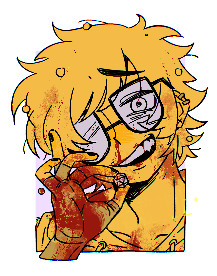 black-framed_eyewear, black_nails, blood, blood_on_clothes, blood_on_face, blood_on_hands, blush, dice
