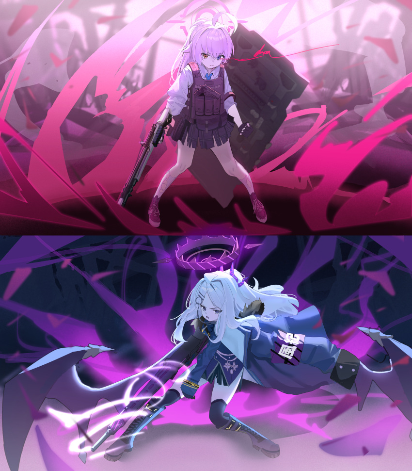 2girls, absurdres, ahoge, armband, black_coat, black_footwear, black_shirt, black_skirt
