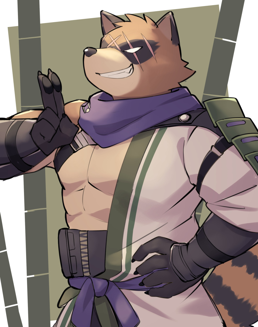 1boy, abs, absurdres, animal_ears, claws, commentary_request, cross_scar, fang