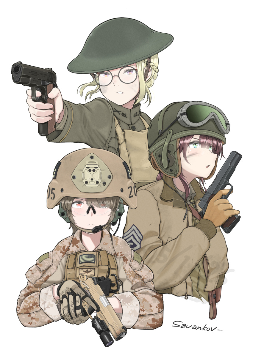 3girls, aiming, blonde_hair, braid, brodie_helmet, brown_gloves, brown_hair, brown_hat