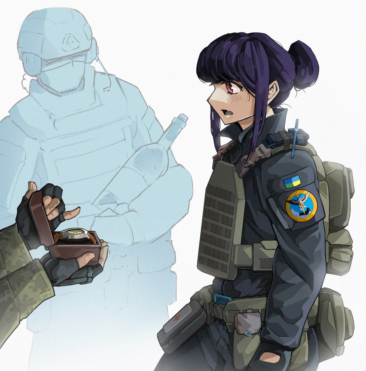 alcohol, ammunition_pouch, blush, body_armor, bulletproof_vest, camouflage, combat_helmet, directorate_of_intelligence_(ukraine)