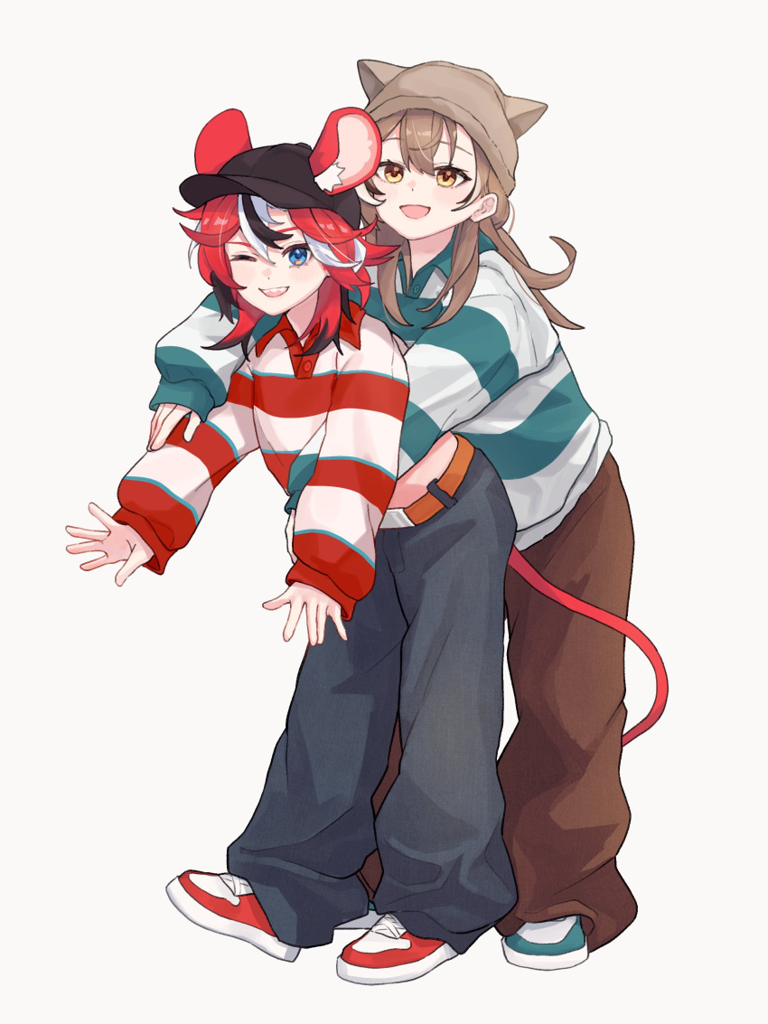2girls, :d, ;d, absurdres, alternate_costume, animal_ear_fluff, animal_ears, baseball_cap