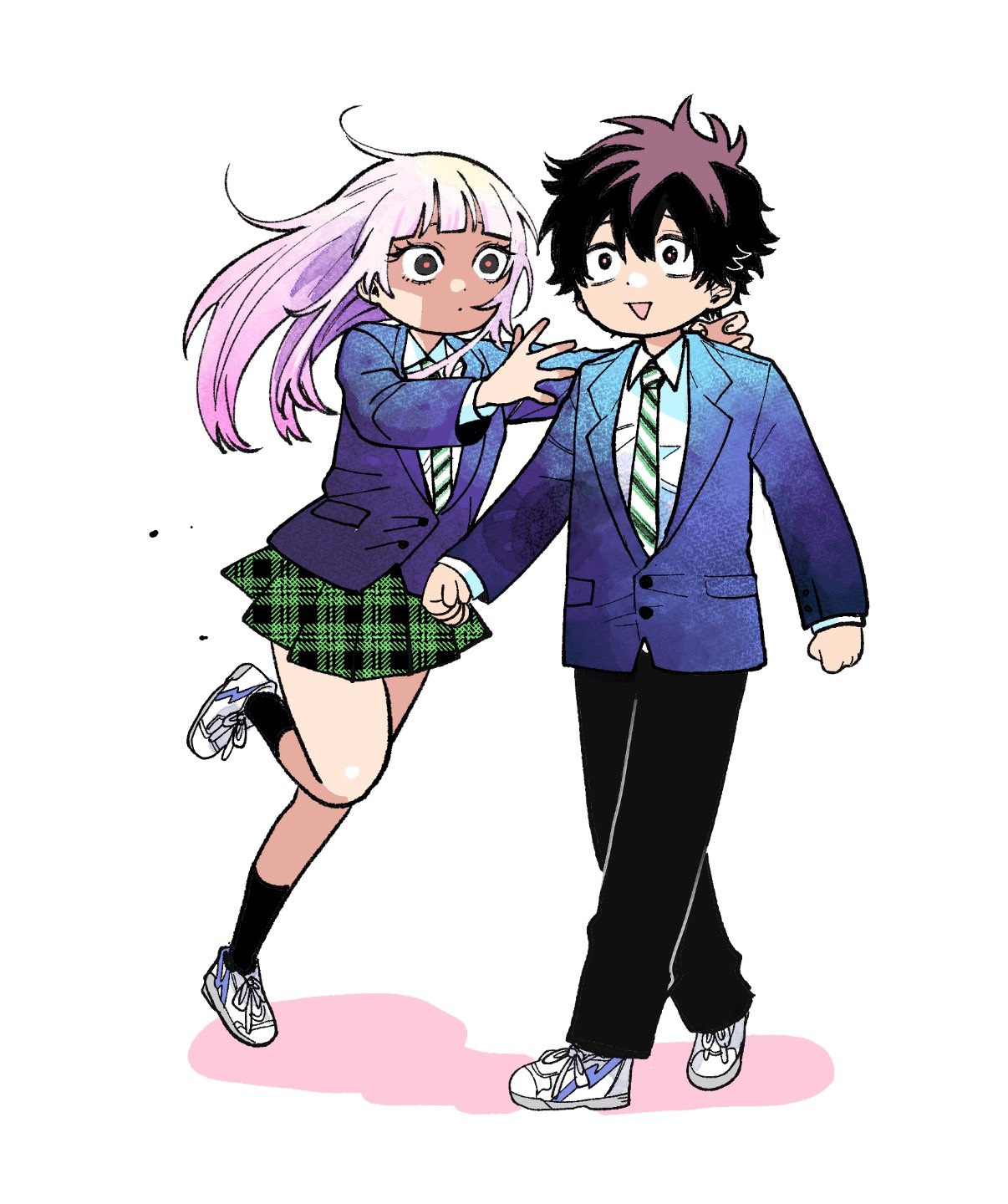 1boy, 1girl, brown_eyes, brown_hair, closed_mouth, harekawa_shinta, highres, kugayama_hajime, long_hair, long_sleeves, momose_akira_(hatsukoi), momose_akira_no_hatsukoi_hatan_chuu., necktie, official_art, open_mouth, school_uniform, shirt, short_hair, skirt, smile, white_hair